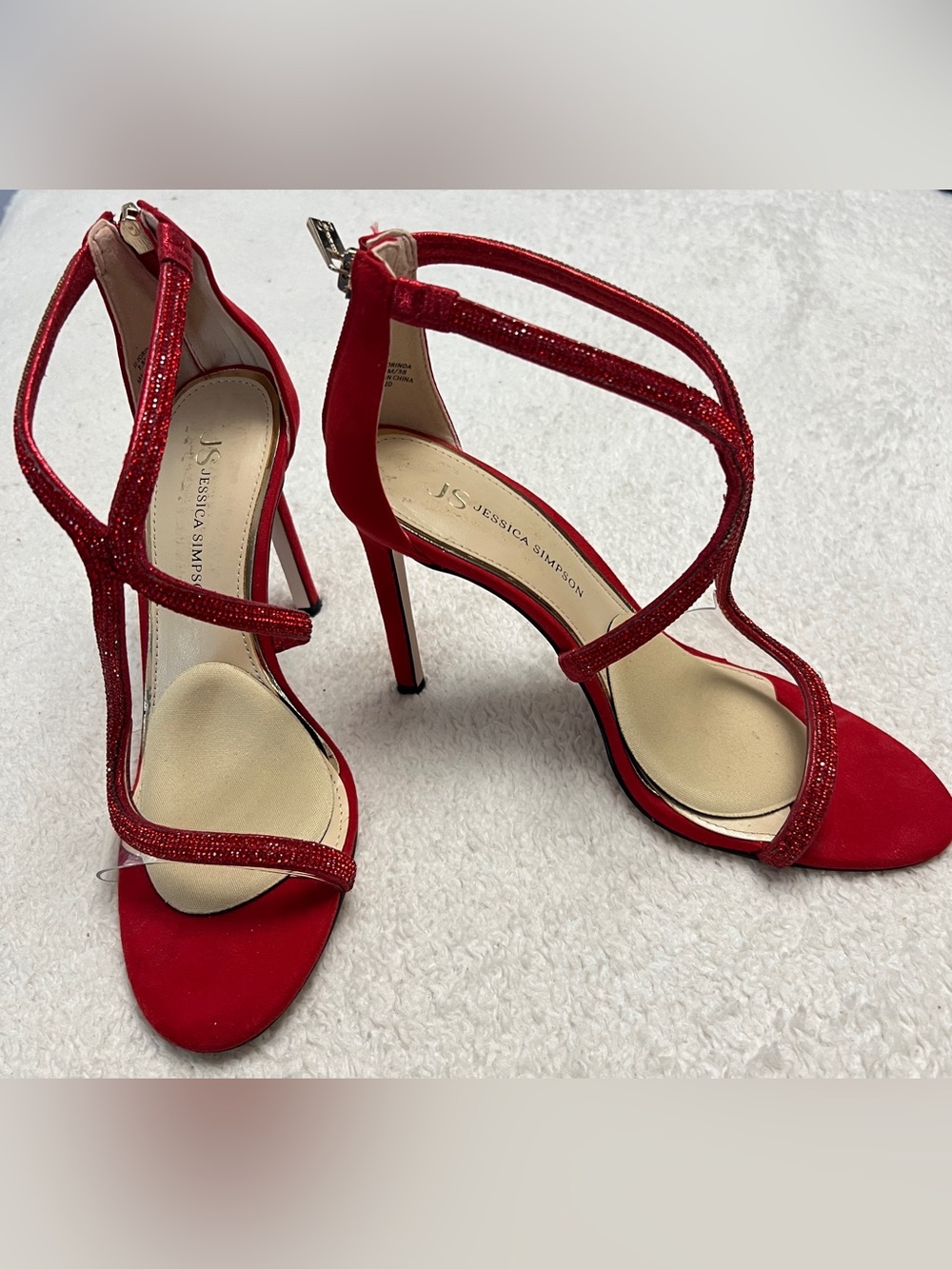 Jessica Simpson red rhinestone open-toe strap stilettos size 7.5/38